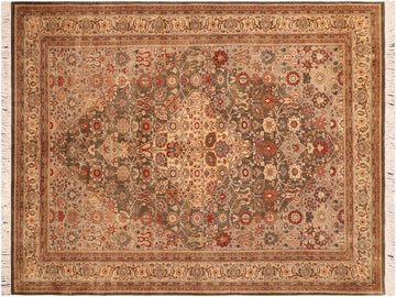 handmade Traditional Tabriz Green Beige Hand Knotted RECTANGLE 100% WOOL area rug 6x9
